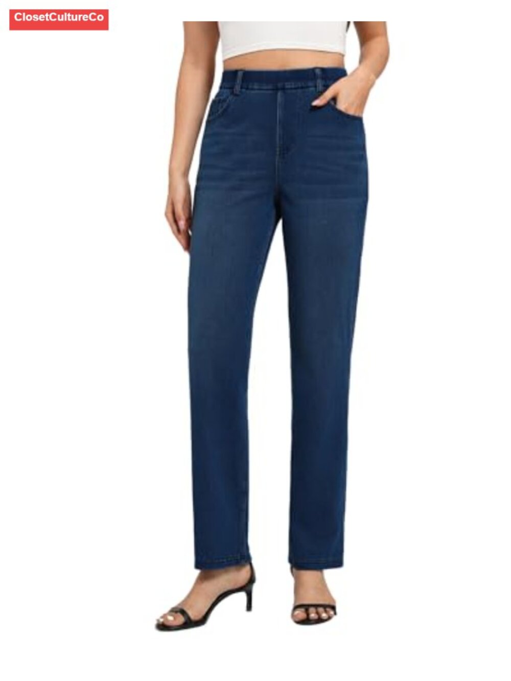 Women's Straight Leg Pull On Jeans High Waisted 4-Way Stretch Comfort